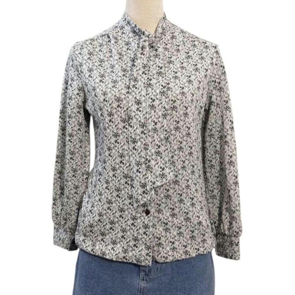 Vintage 70s Glitter Geometric Blouse M Tie Neck Retro Party Shirt Long Sleeve